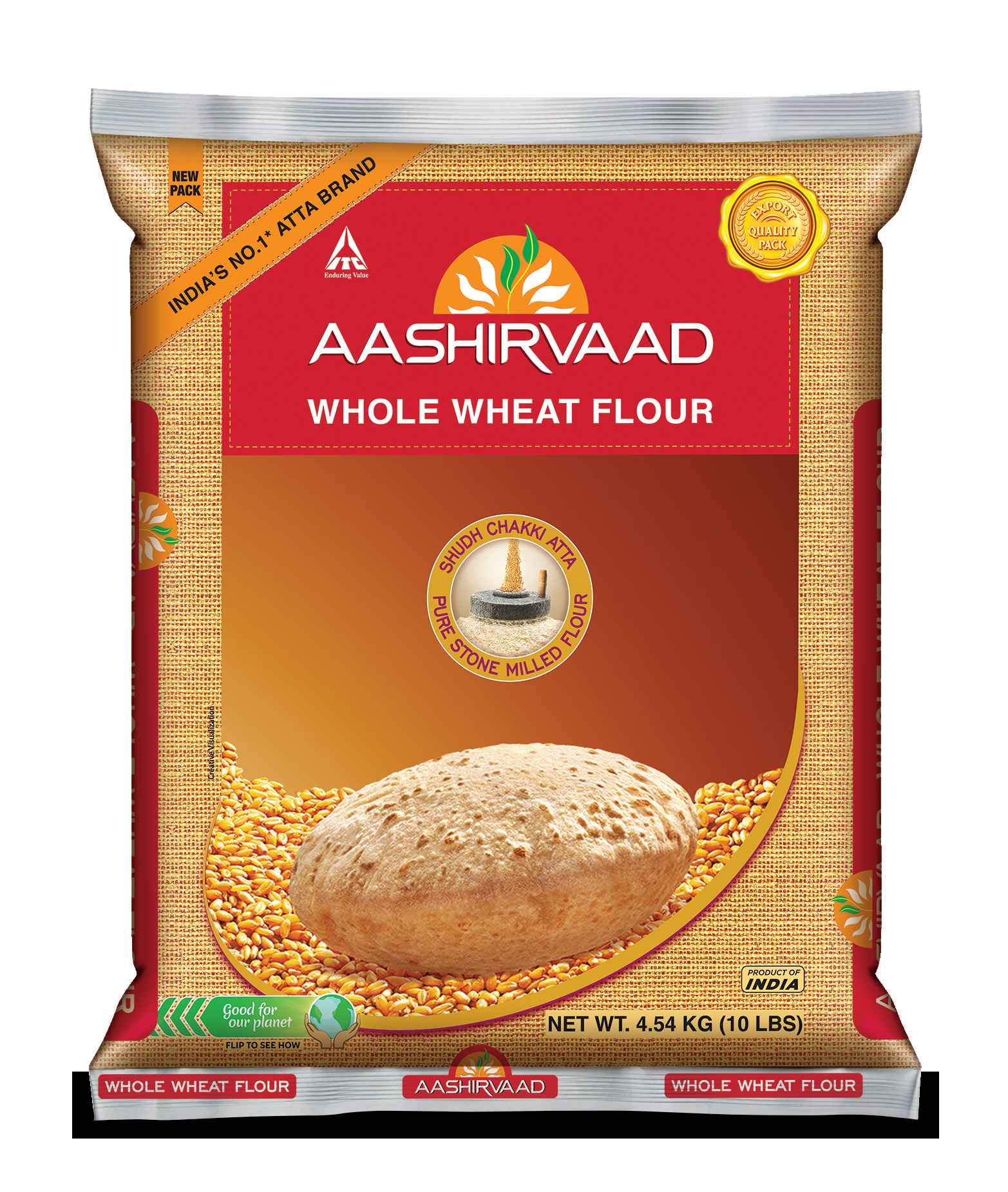 Aashirvaad Whole Wheat Atta (Export Pack) - 10 Lb (4.54 Kg)