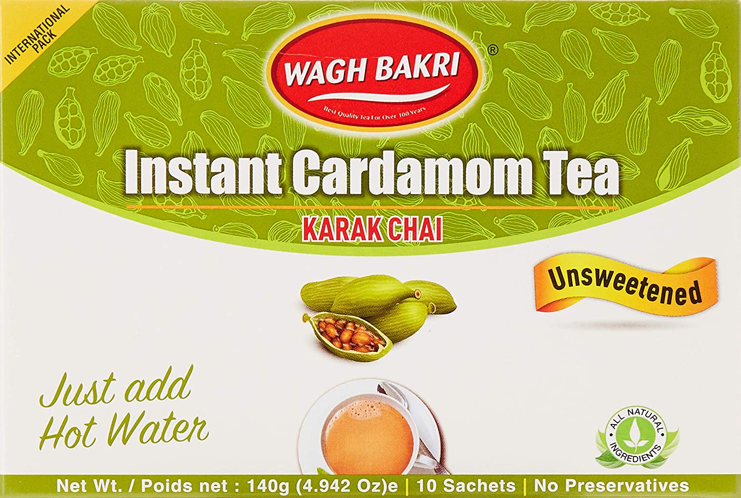 Waghbakri Instant Tea Cardamon Unsweetened (4.94 OZ - 10 Sachets)