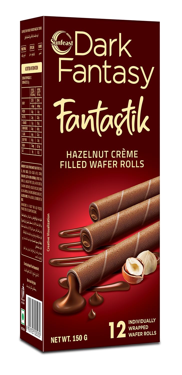 Sunfeast Dark Fantasy Fantastik Wafer Rolls (Hazelnut Creme) - 150 Gm (12 Pcs)