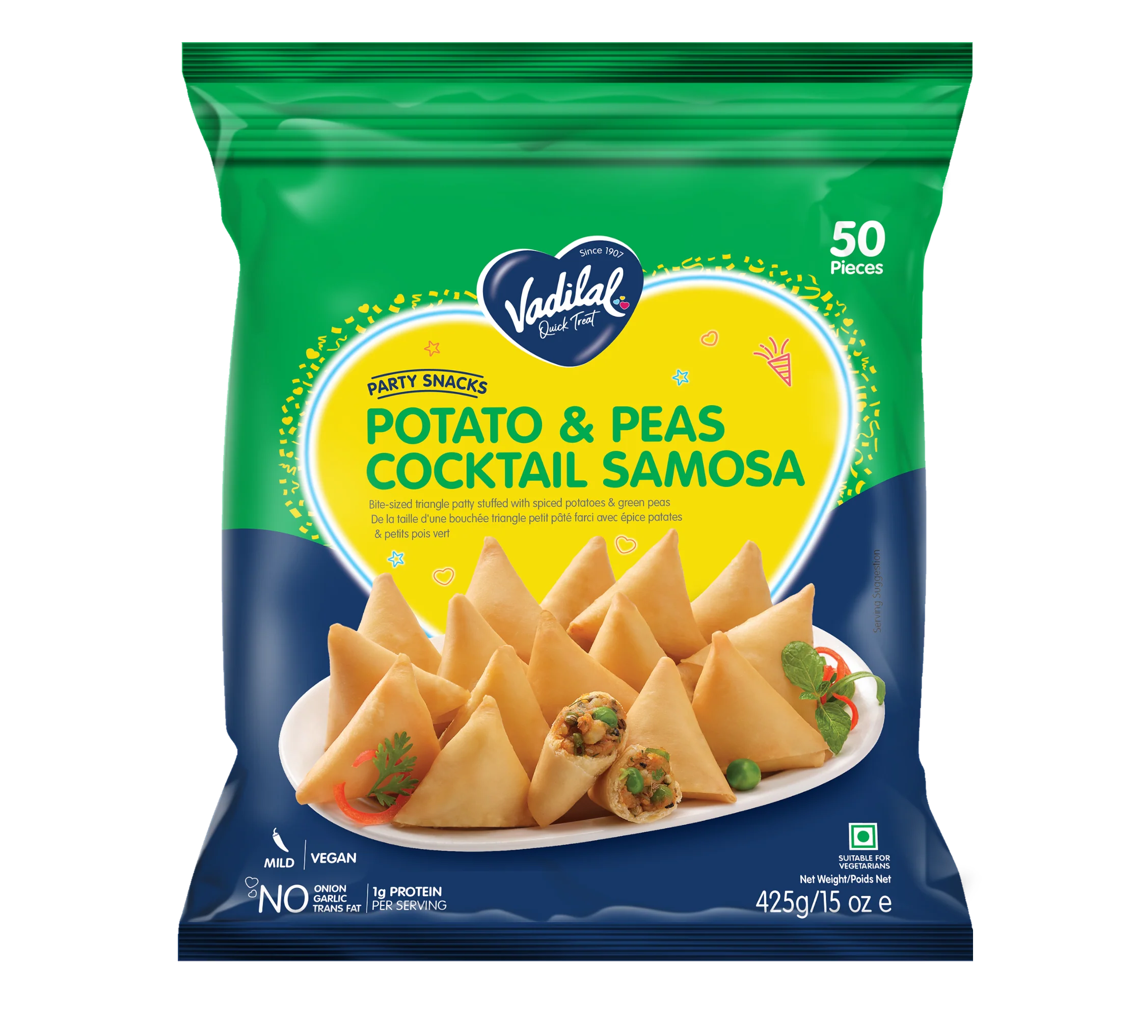 Vadilal Cocktail Potato & Peas Samosa - 50 Pcs (425 Gm)